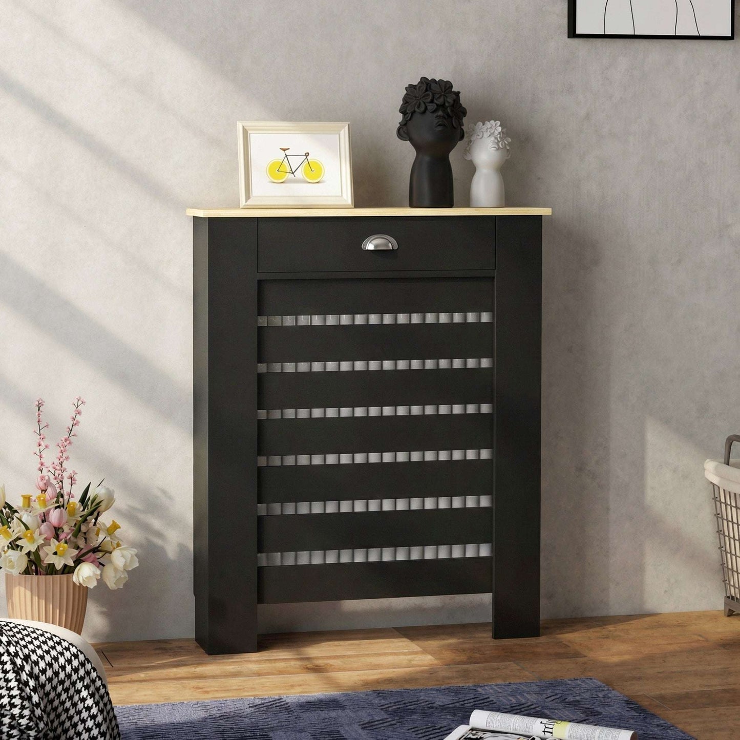 MDF & Particle Board Radiator Cover with 1 Drawer | Slatted Design | Skirting Board Cut-Outs | Easy-Fix Clips | Wood-Effect Top | 5kg Drawer Capacity | 78x19x95.5cm | Black