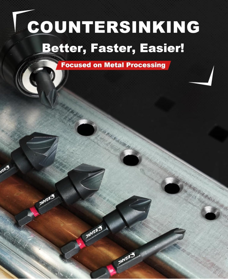 EZARC 5 Piece Countersink Drill Bit Set for Metal, 1/4 Inch Hex Shank Countersunk Bits 82 Degree 5 Flute, 1/4” 3/8” 1/2” 5/8” 3/4”