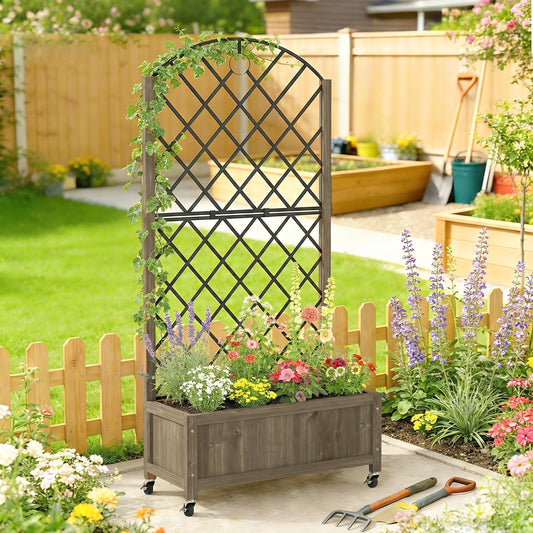 Raised Garden Bed with Metal Trellis | Wooden Elevated Planter Box | 50L Soil Capacity | 4 Wheels 2 Lockable | 30kg Max Load | 72x36x168cm | Carbonised Finish