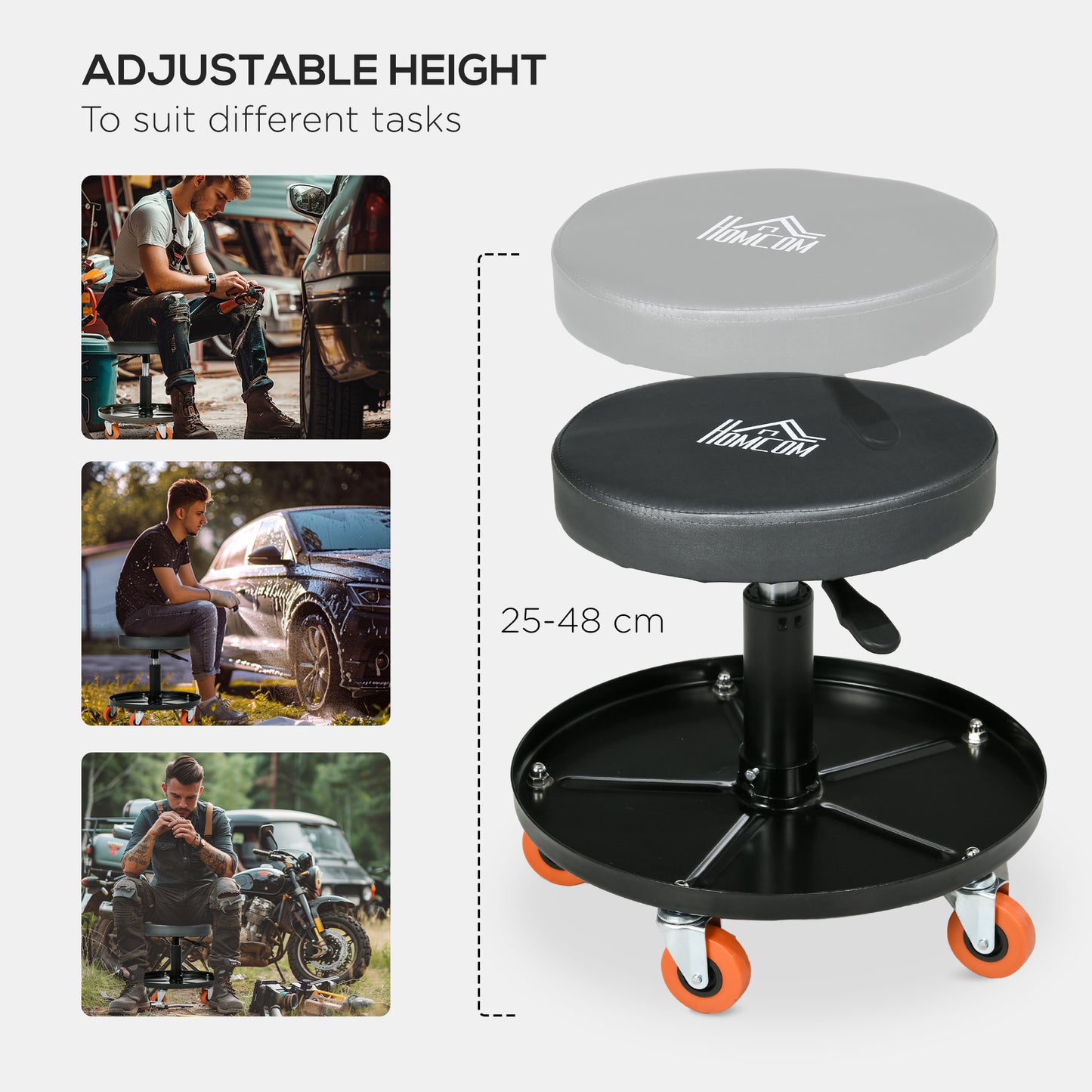 Workshop Stool Pneumatic Adjustable Height, Rolling Mechanic Stool W/ 360 Degree Swivel Padded Seat and Tool Tray, Garage, Workshop, Auto Repair