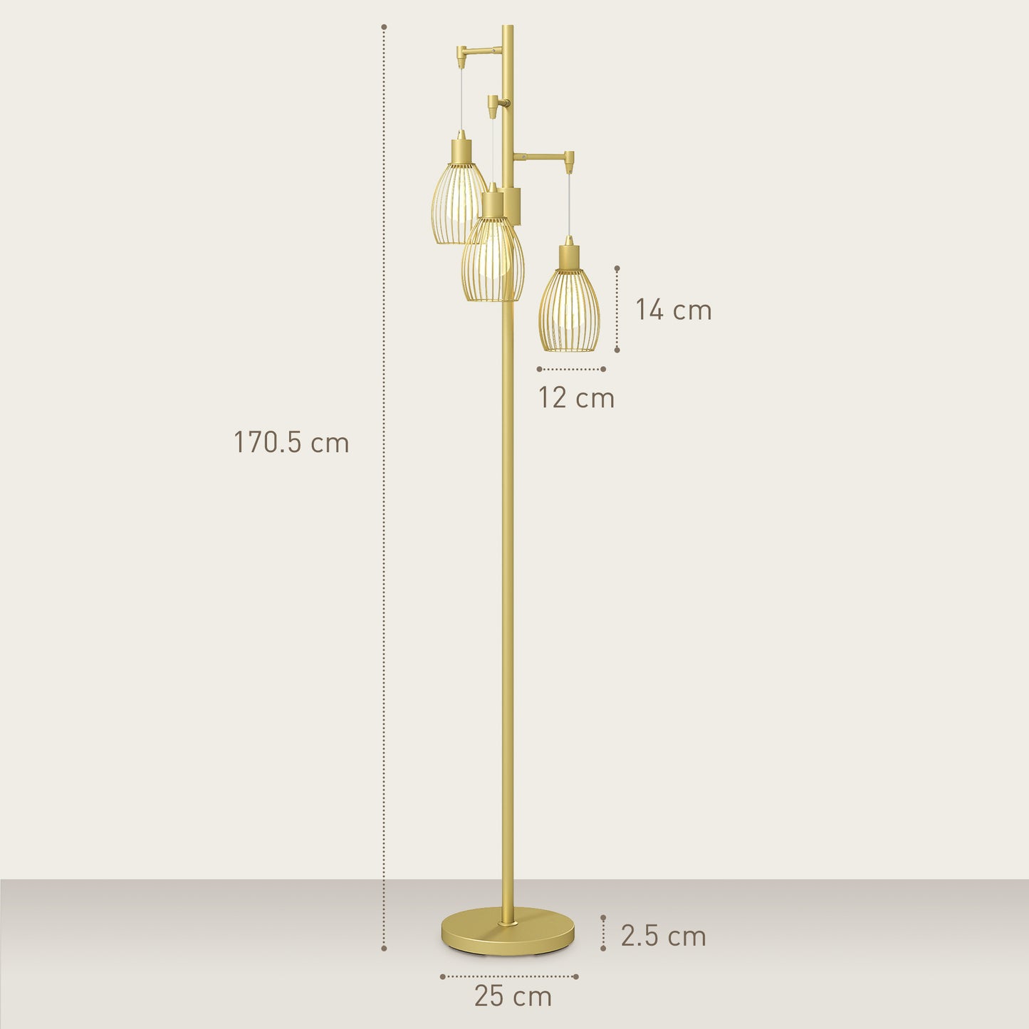 70cm Industrial 3-Light Floor Lamp, Dimmable Standing Lamp with Steel Lampshades for Living Room, Bedroom, Dinging Room, Study, Gold Tone