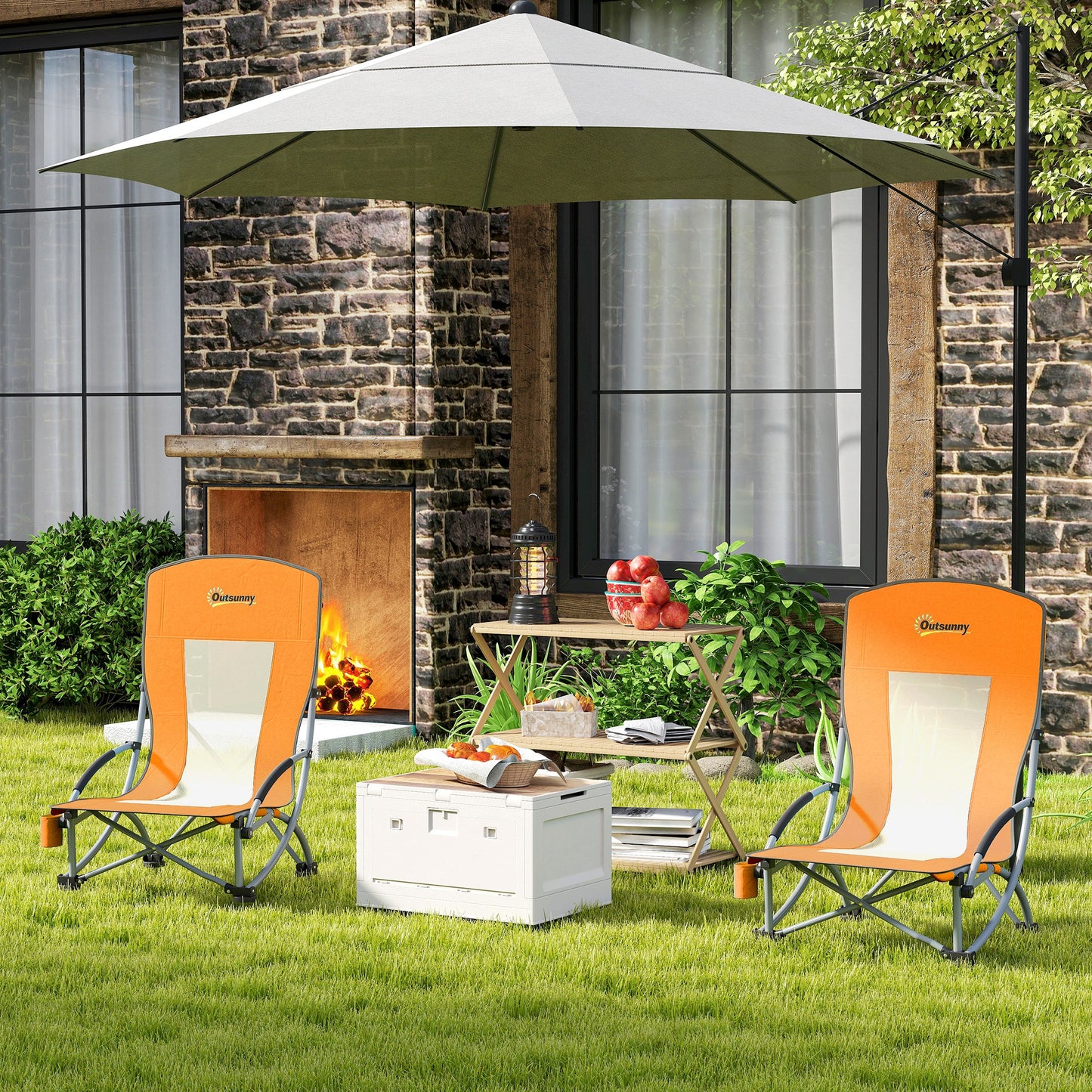 Set of 2 Folding Beach Chair, Low Camping Chair with Mesh Back, Carry Bag and Cup Holder for Garden Outdoor Picnic Festival Travel