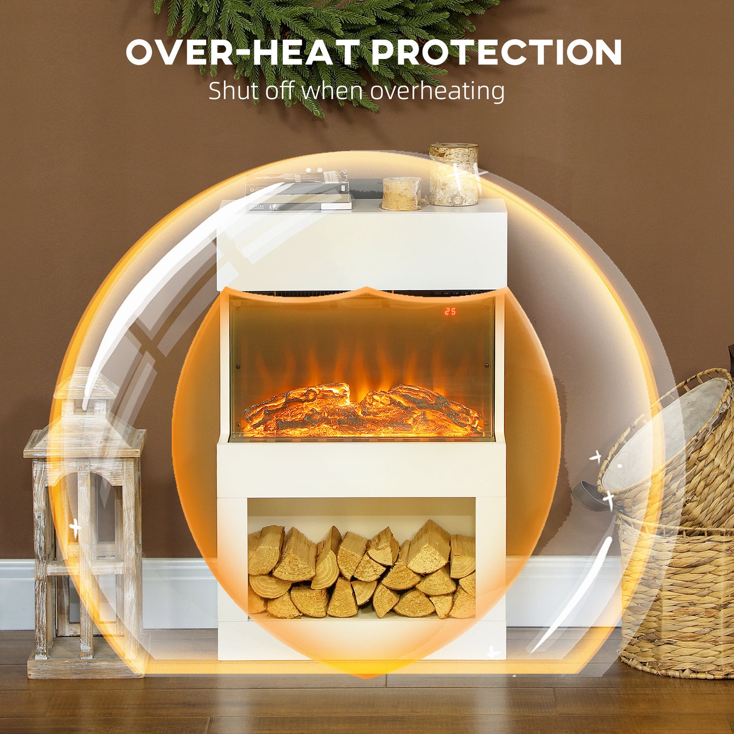 Electric Fireplace with 3D Flame Effect, 6 Colours & 3 Brightness Levels, 1000W/2000W Electric Fire and Mantel Reach up to 30㎡ Space with Remote & Timer