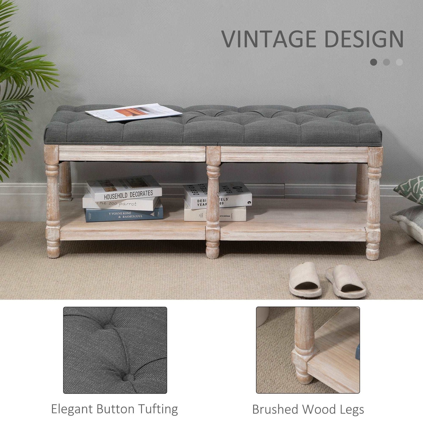 2 Tier Shoe Rack Bench with Button Tufted Upholstered Cushion, Vintage Bed End Bench, Wooden Window Seat for Hallway, Living Room, Bedroom-Grey