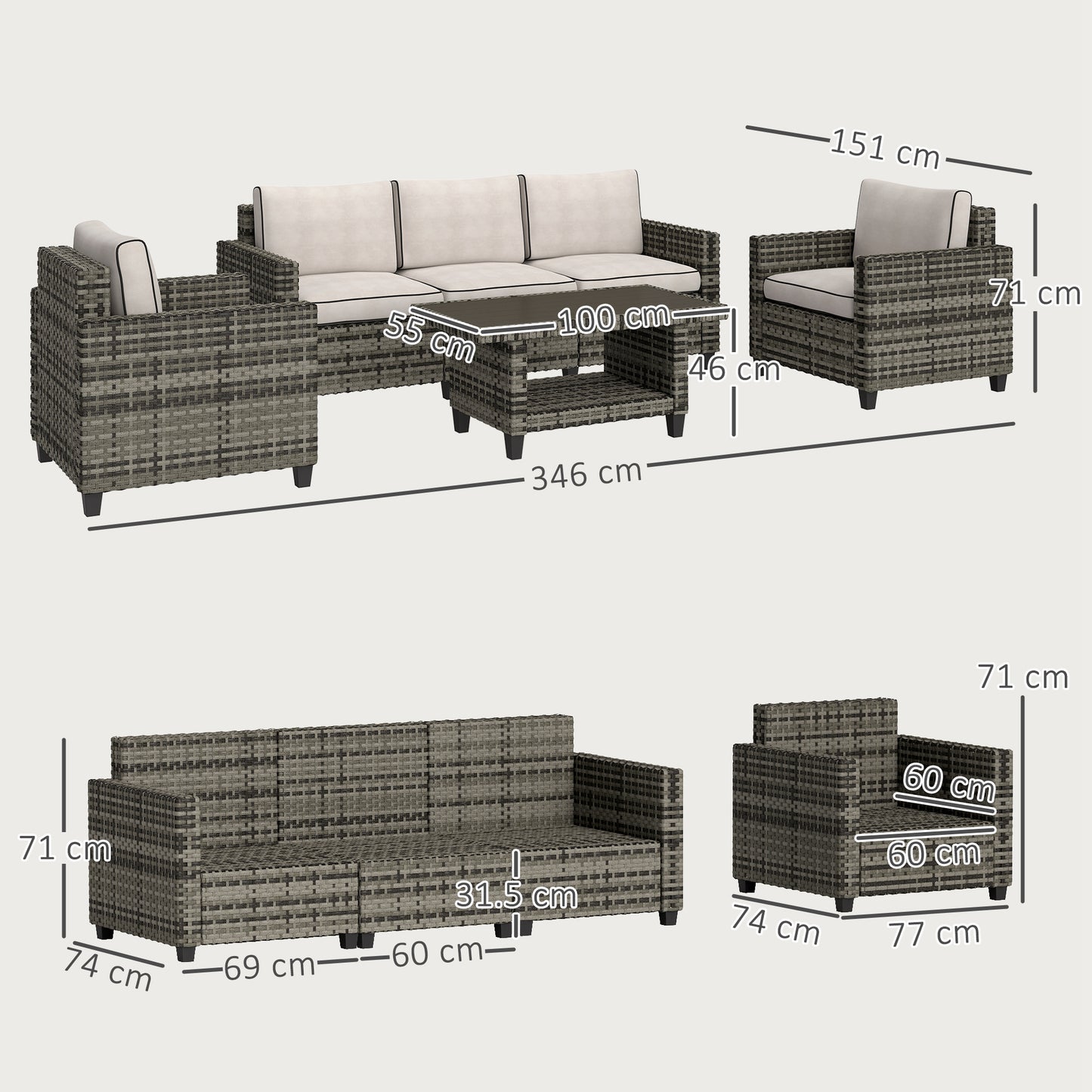 Outsunny 6 Pieces Rattan Garden Furniture Set, 5 Seater Wicker Outdoor Furniture Set with 2 Armchairs, Steel Frame Coffee Table and Cushions for Balcony, Porch, Light Grey