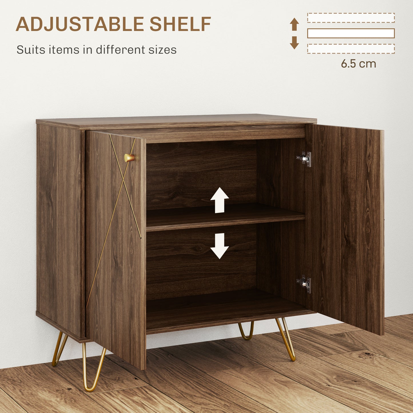 Sideboard Storage Cabinet with Golden Steel Lines, modern rustic Kitchen Buffet Cabinet W/ Adjustable Shelf Steel Legs Brown