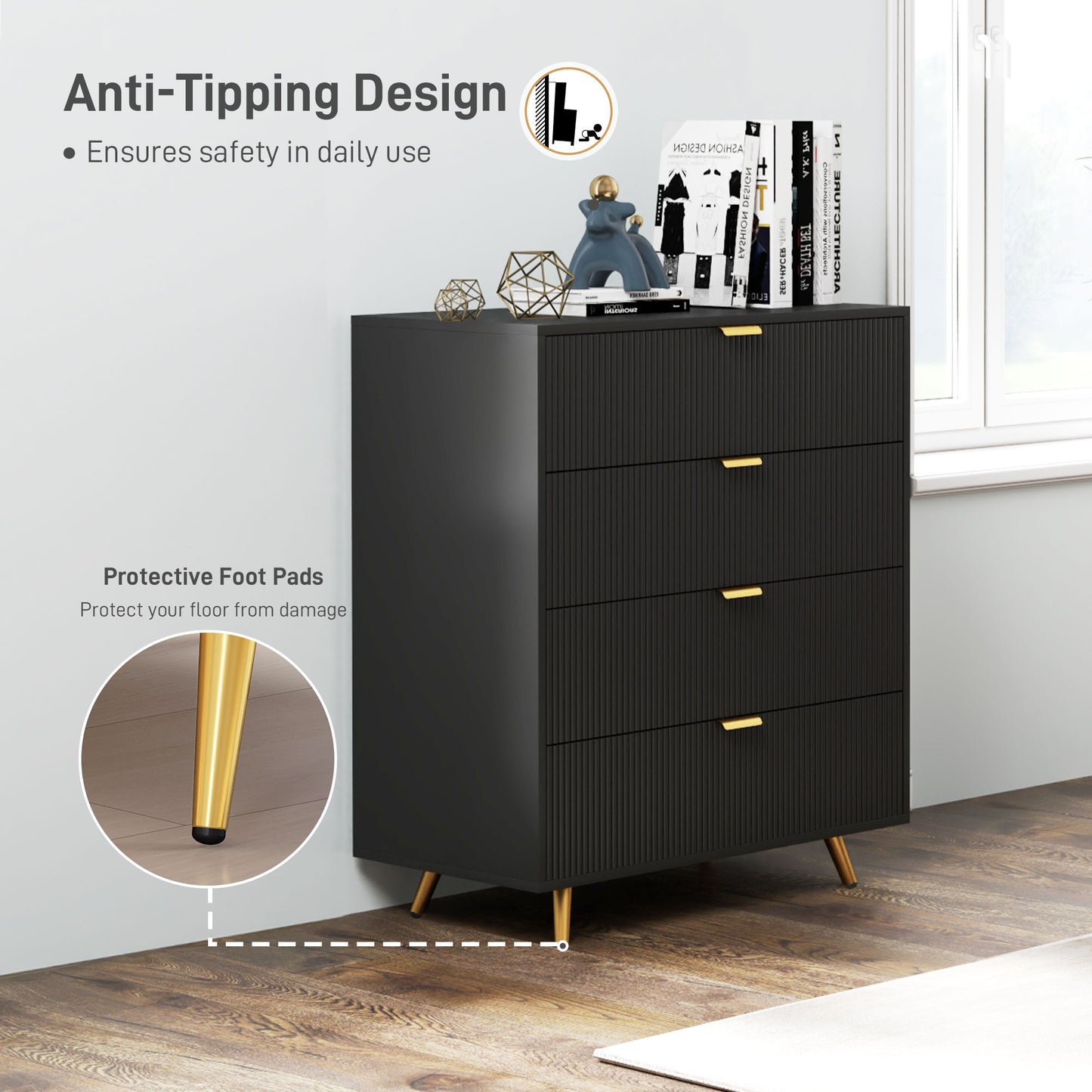 Bedroom Chest of Drawers with 4 Drawers, Fluted Dresser with Gold Tone Handles, Storage Cabinet for Bedroom, Living Room, Hallway, Entryway, Black