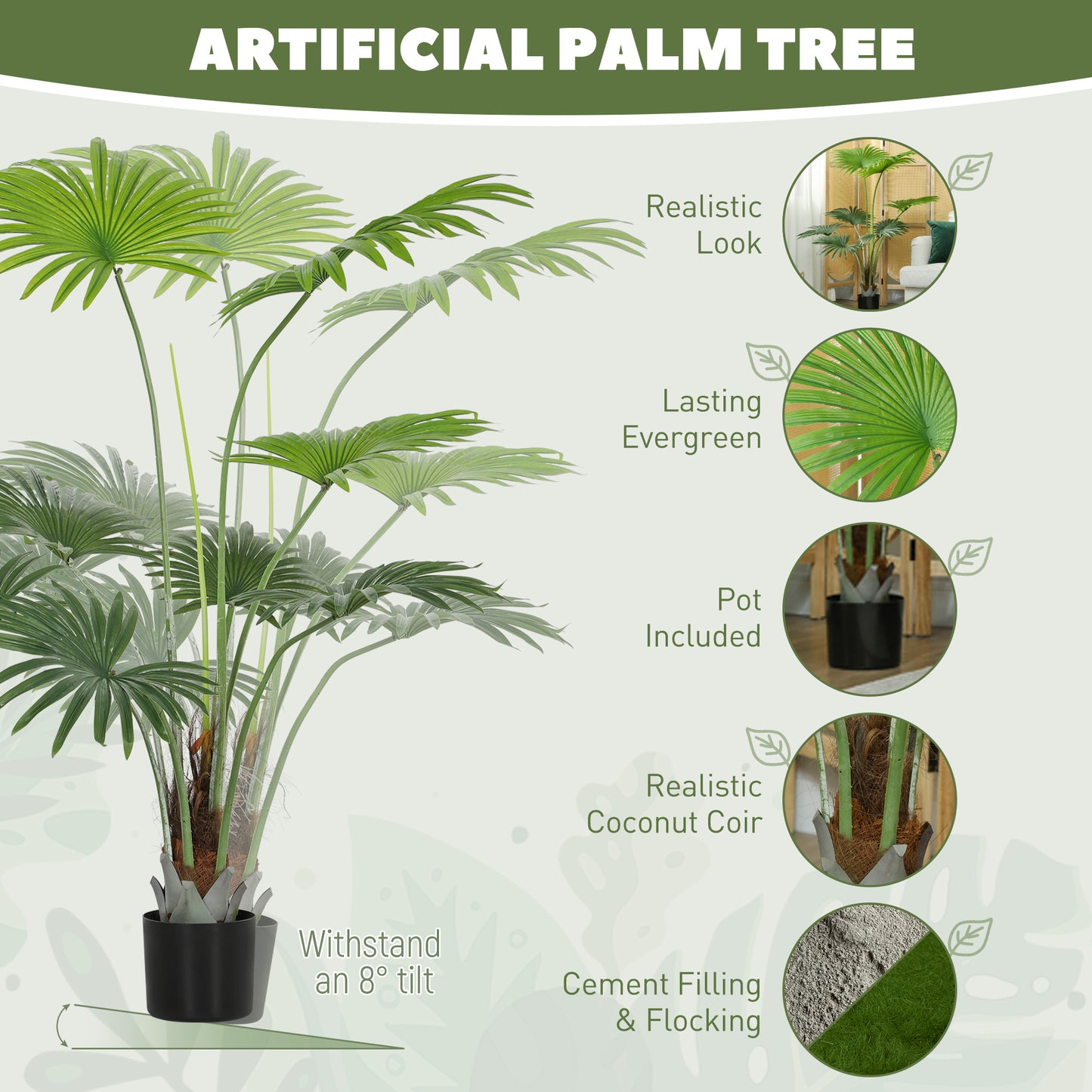 145cm Artificial Palm Tree, Decorative Artificial Plant with Lifelike PEVA Leaves and Coconut Coir, Fake Tree with Plastic Pot and Flocking