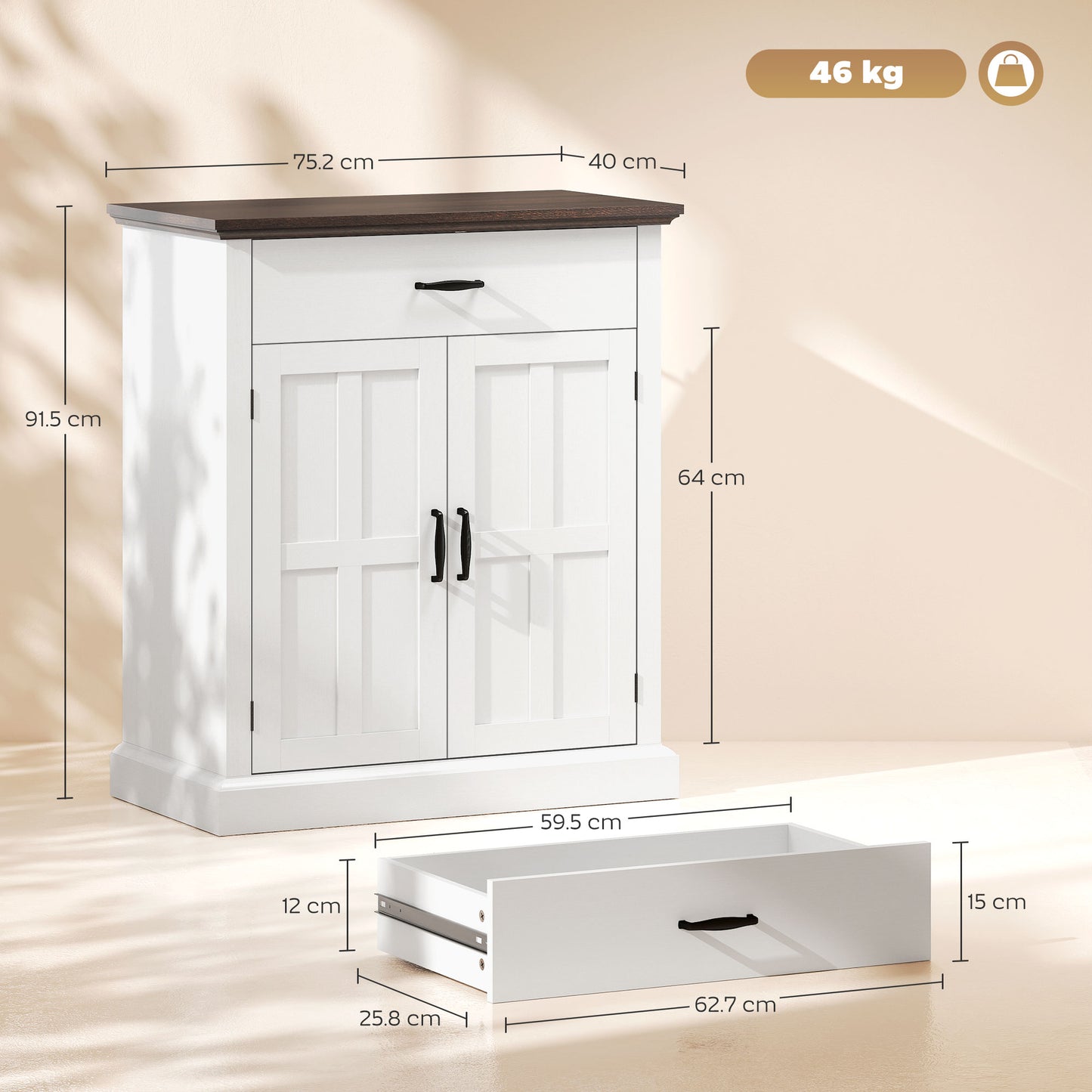 Farmhouse Sideboard with 3 cm Thick Top 2 Barn Doors - White