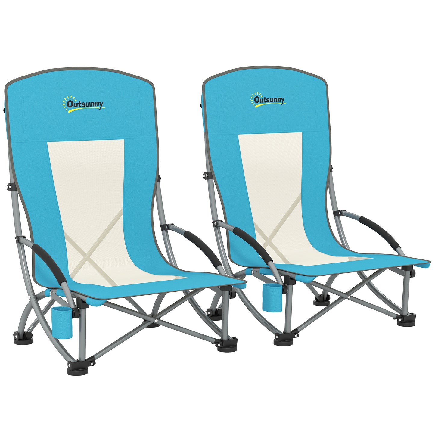 Set of 2 Folding Beach Chair, Low Camping Chair with Mesh Back, Carry Bag and Cup Holder for Garden Outdoor Picnic Festival Travel