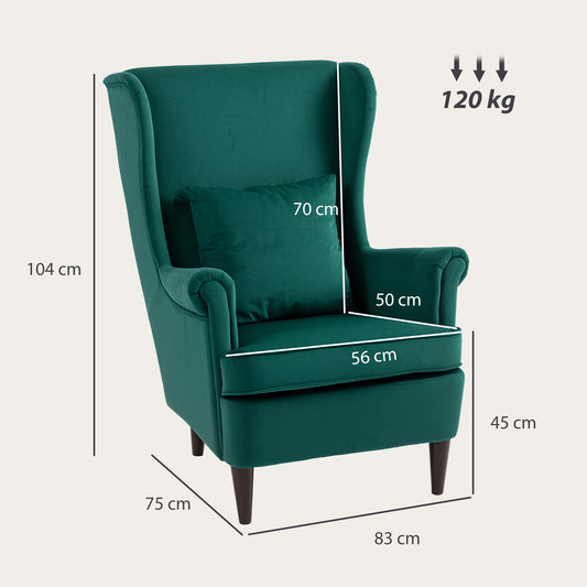 Modern Accent Chair, Upholstered Wingback Armchair W/ High Backrest and Pillow, Velvet-Feel Fabric Reading Chair with Solid Wood Legs, Dark Green / Grey