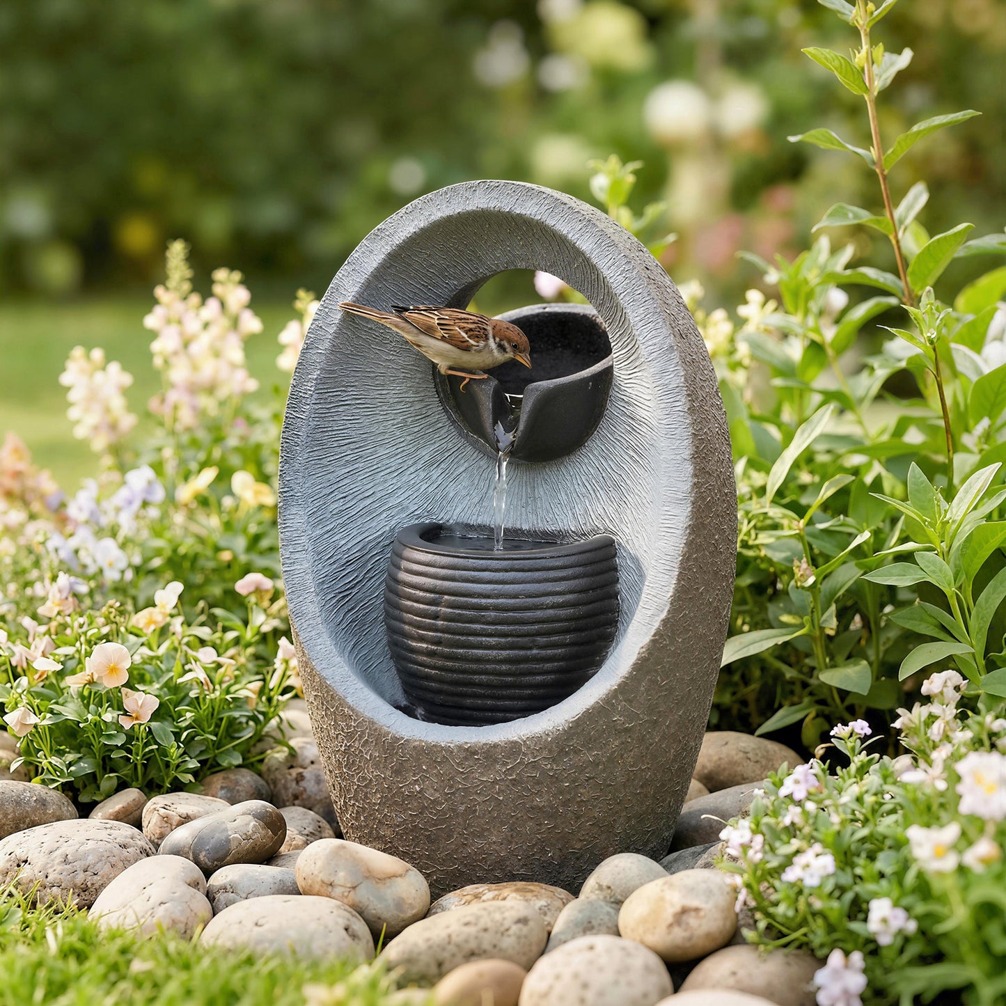 2-Tier Cascading Garden Water Fountain | LED Light | 3W Pump | 3m Cable | Resin | Grey