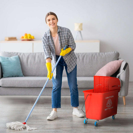 20L Mop Bucket with Wringer and Handle, Mop Bucket on Wheels for Floor Cleaning, Separate Dirty and Clean Water, Red