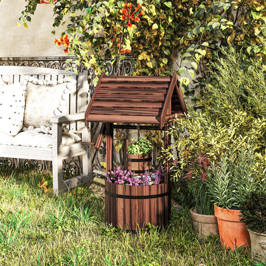 Outsunny Wood Wishing Well for Outside with Hanging Bucket, Wishing Well Planter with Drain Hole for Garden Patio, Carbonized