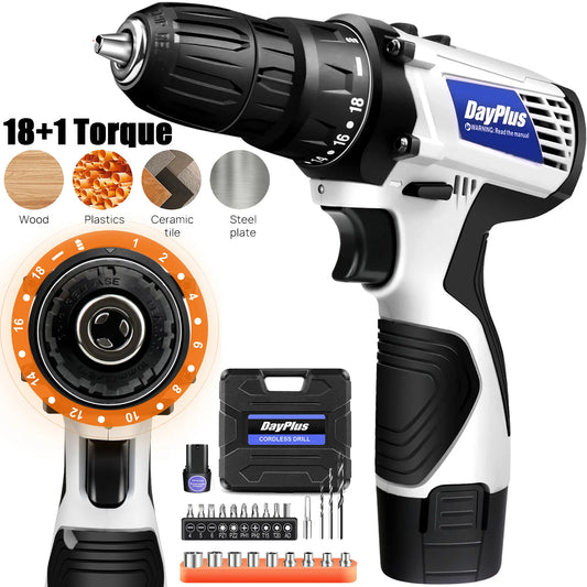 Dayplus 16.8V Mini Cordless Drill Driver Kit, 3/8" Chuck 45Nm Electric Screwdriver Driver with LED Light, 18+1 Torque, 2 Speed