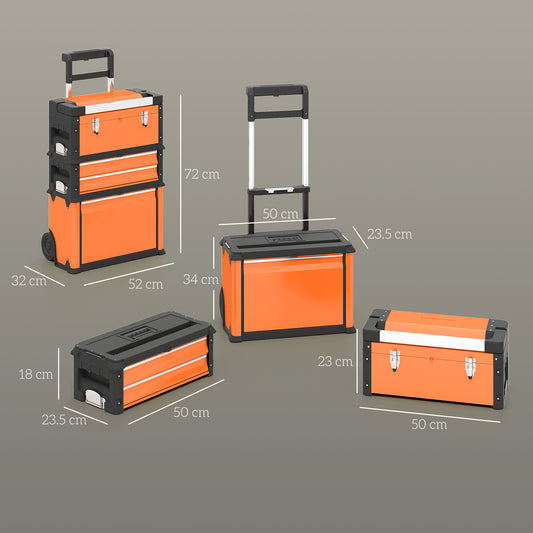 3-in-1 Stackable Three Tier Rolling Tool Storage Box On Wheels - Orange
