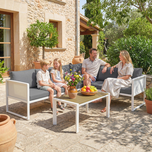 6-Seater Modular Garden Sofa Set | 3 Loveseats | Texteline Seating | Wood-Effect Slatted Coffee Table | Powder-Coated Metal Frame | 200gsm Cushions | 8cm Seat & 10cm Back | Washable Covers | 240kg | White