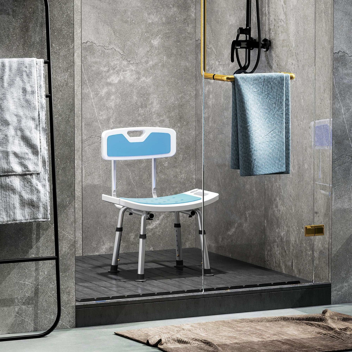 Shower Stool with Backrest, Height Adjustable Chair with Anti-slip Foot Pads And Shower Head Holder, Light Blue