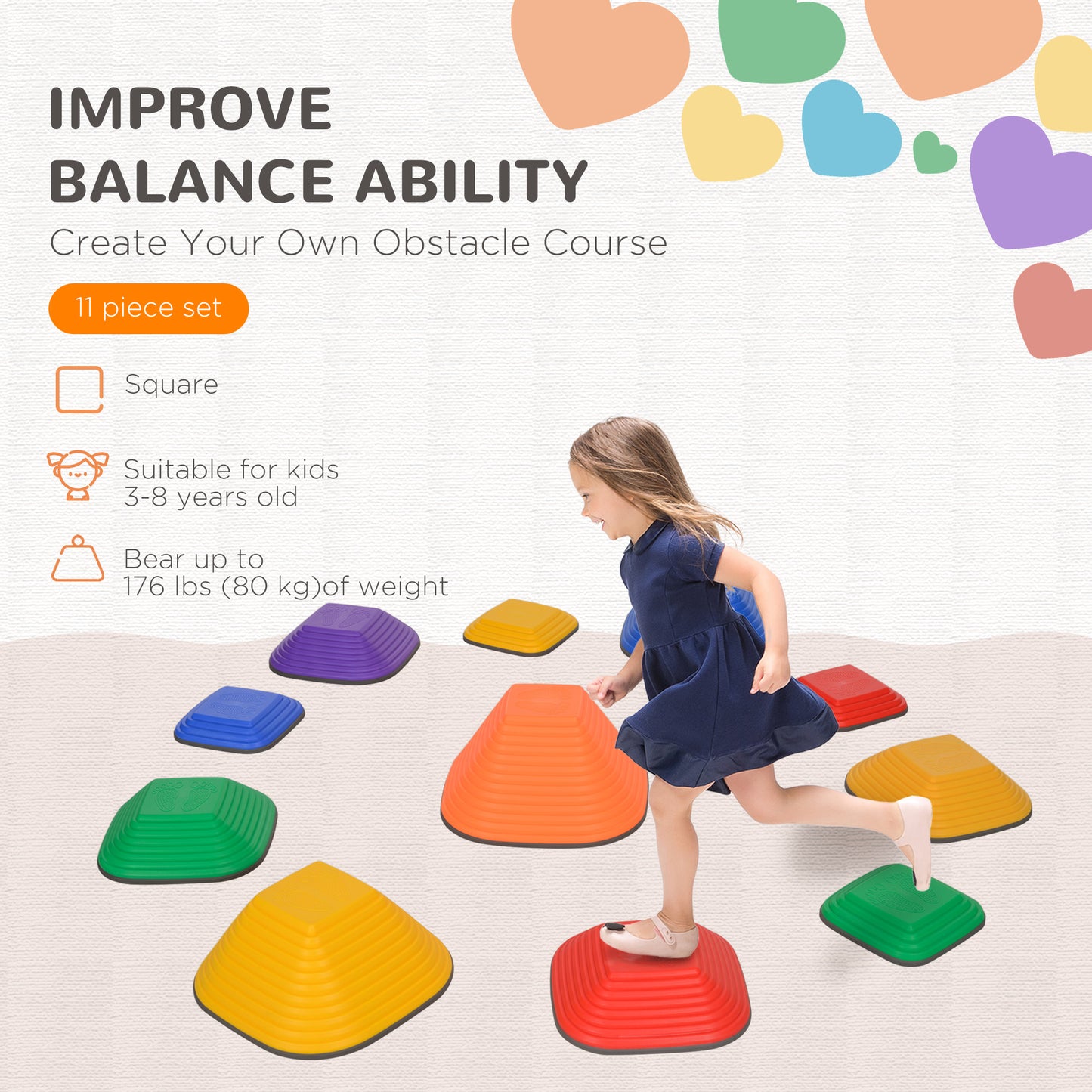 AIYAPLAY Balance Stepping Stones for Kids, 11 Piece Non-Slip Stackable River Stones, Obstacle Courses for Balance & Motor Skills