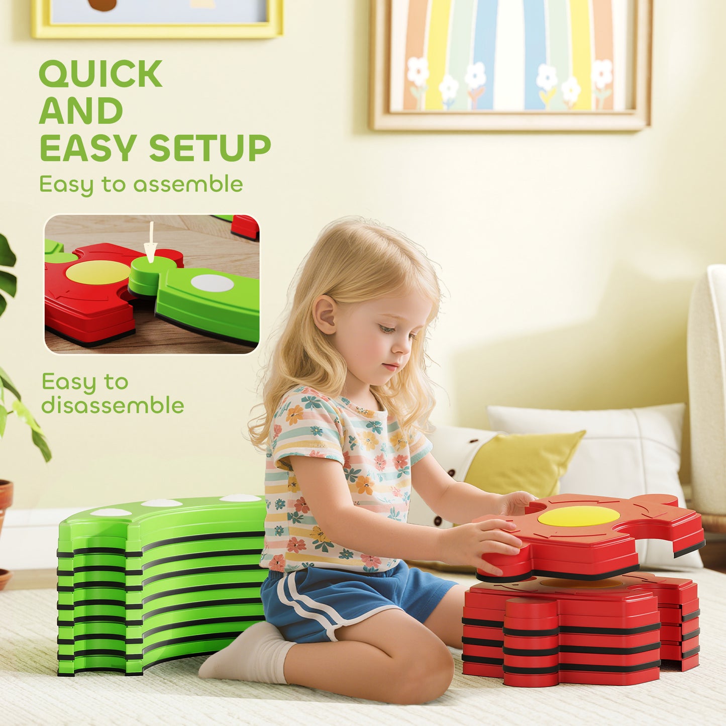 13 Piece Kids Balance Beam Stepping Stones Set with Non-slip Textured Surface, Outdoor Indoor for Toddlers, Green