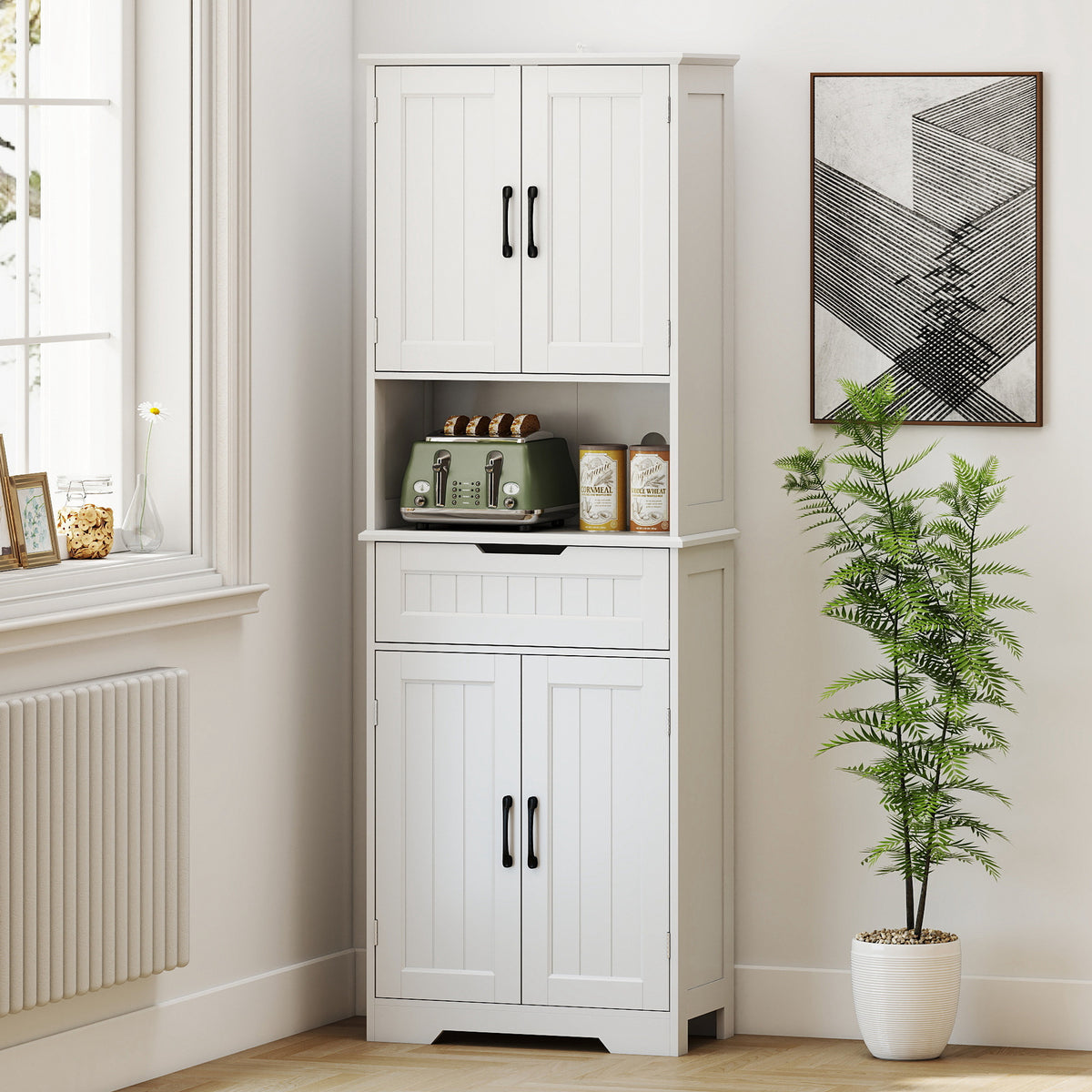 Tall Kitchen Pantry Cupboard | White MDF | 60x30x172cm | 2 Cabinets Adjustable Shelves | Open Counter Cable Hole | Drawer | Anti-Tip | Anti-Slip Feet | 45kg | Freestanding