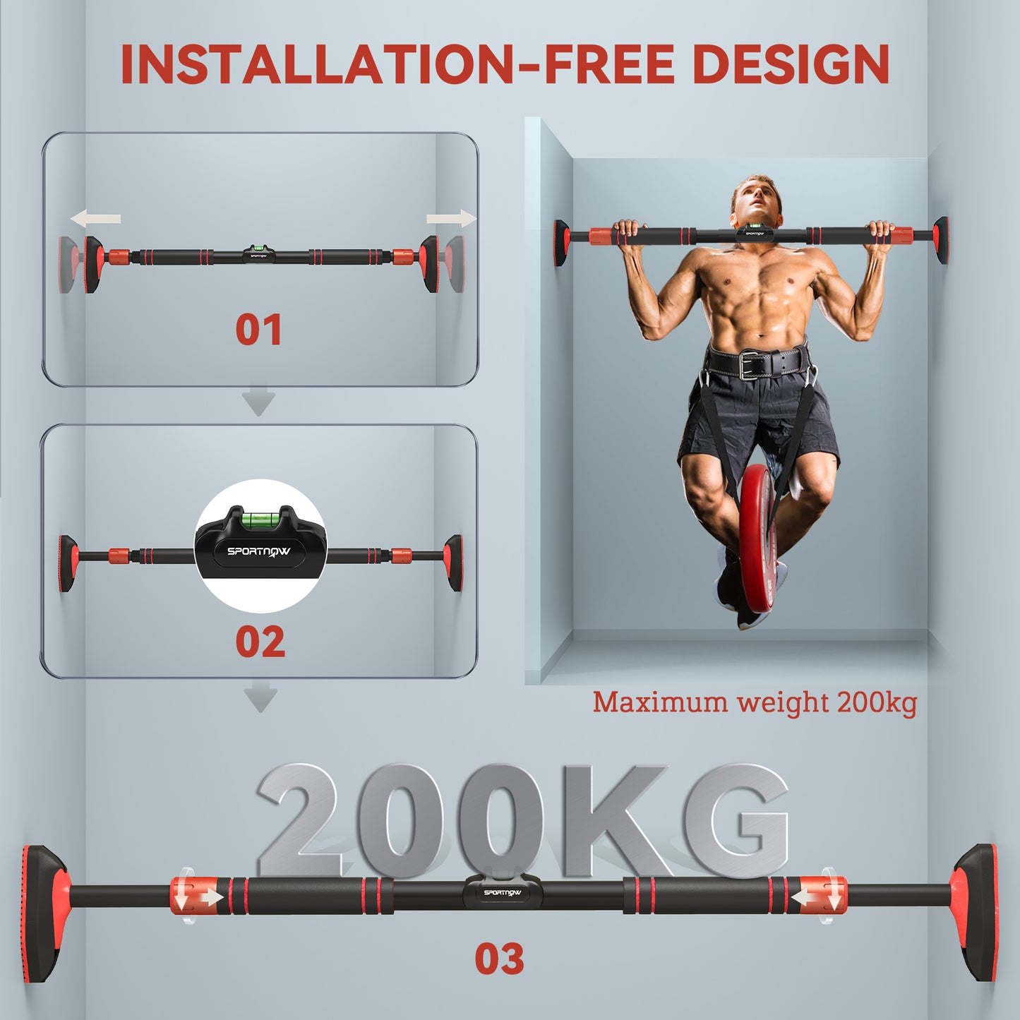 Pull Up Bar Doorway No Screws, Door Frame Chin Up Bar with Level Metre, 96-130 cm (37.8"-51.2") Width Adjustable for Home Gym, Max Load 200kg