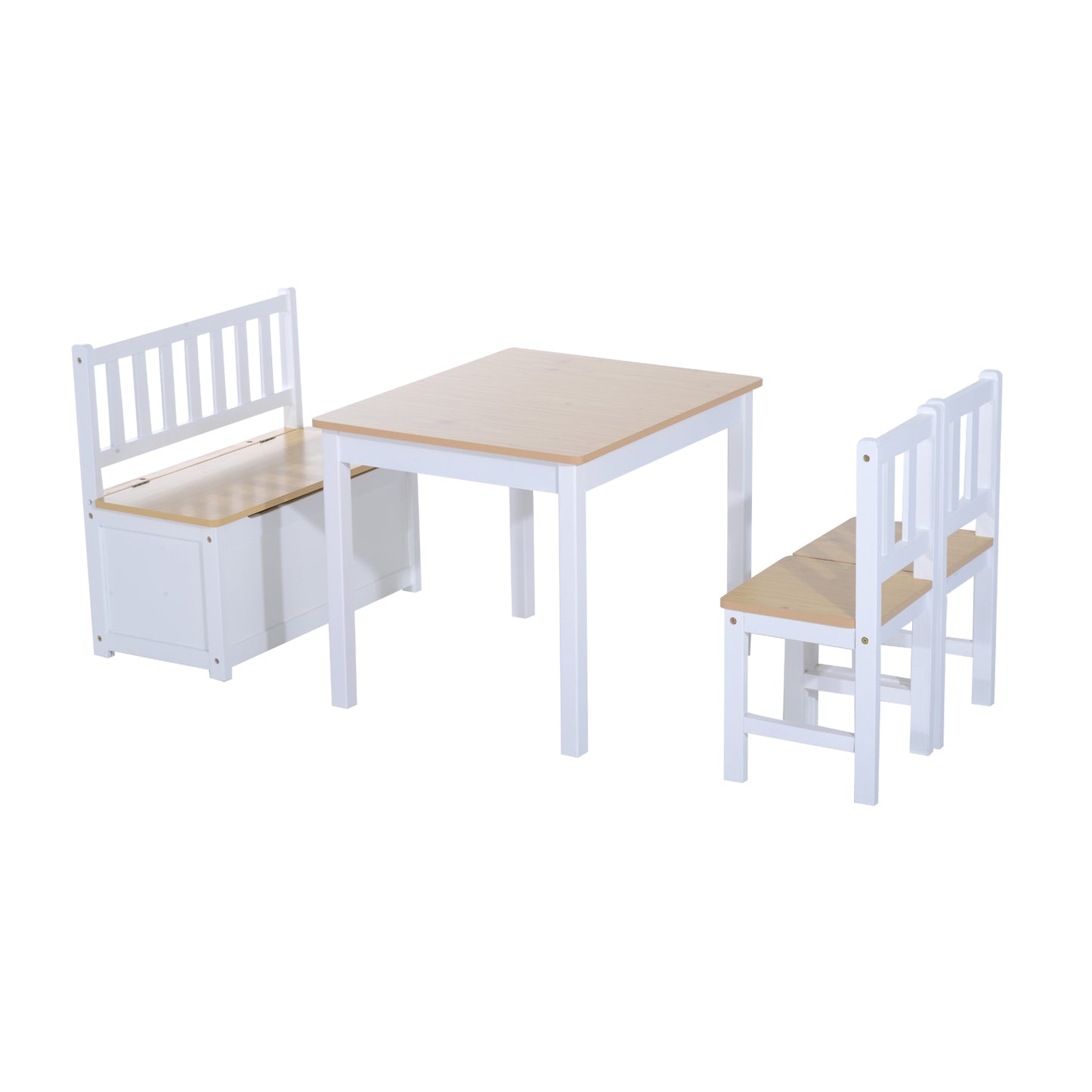Children's Four Piece Creative Learning Table Set 2 Chairs Storage Stool White and Natural Pretend Play