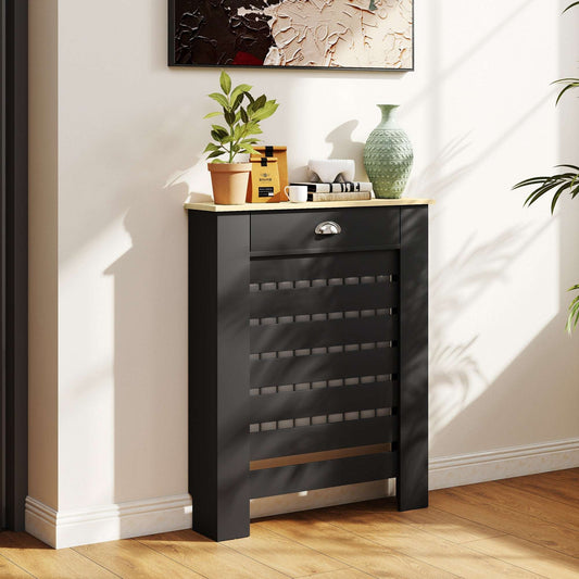 MDF & Particle Board Radiator Cover with 1 Drawer | Slatted Design | Skirting Board Cut-Outs | Easy-Fix Clips | Wood-Effect Top | 5kg Drawer Capacity | 78x19x95.5cm | Black