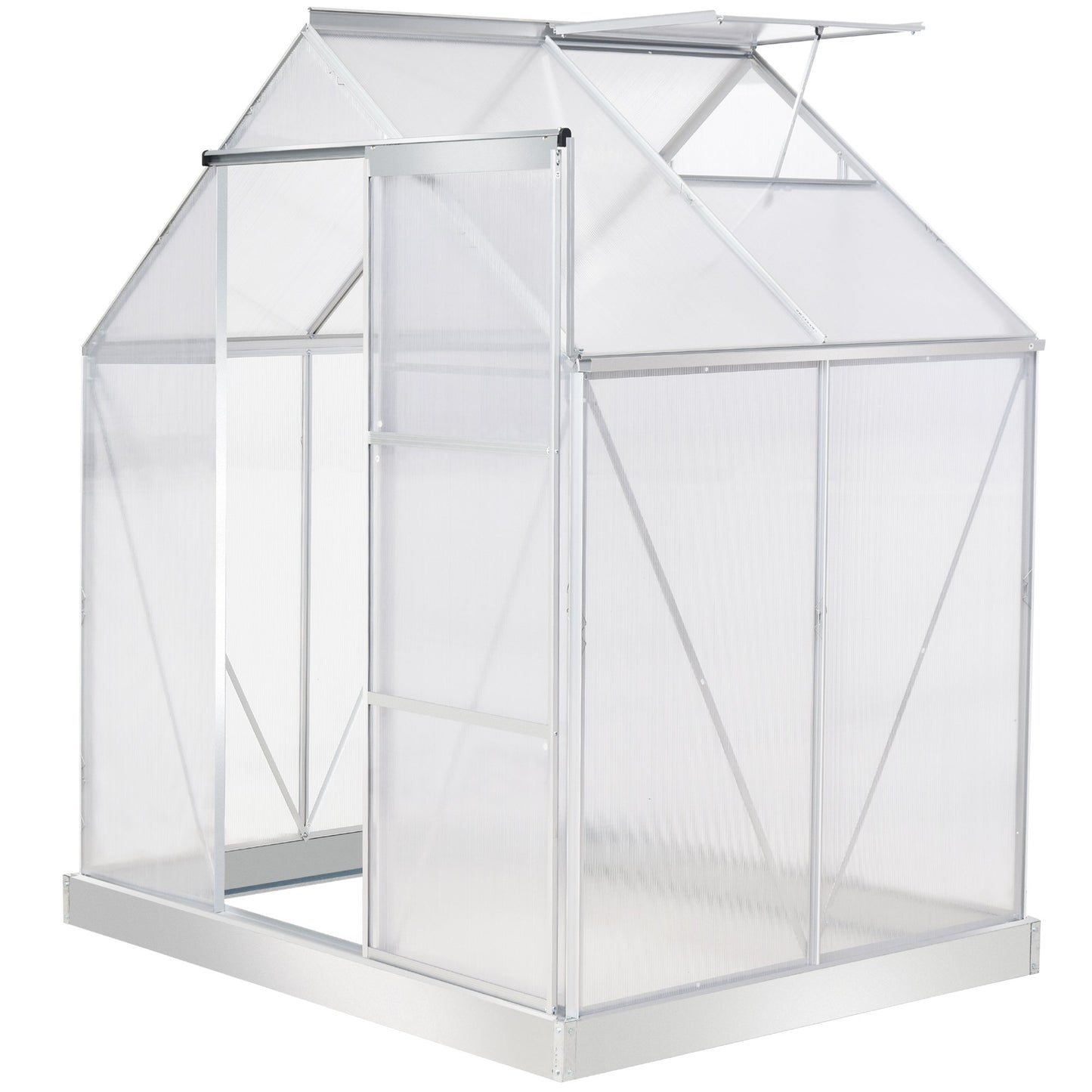 Outsunny Walk-in Greenhouse Polycarbonate Panels Aluminium Frame W/ Sliding Door Adjustable Window Inner Area Plant Flower Grow, 6 X 4 Ft