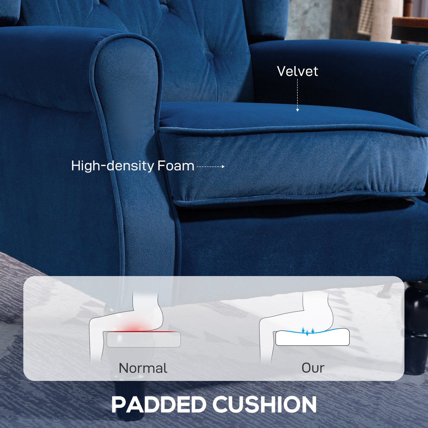 Wingback Accent Chair, Retro Vintage Style Upholstered Button Tufted Occasional Chair for Living Room and Bedroom, Blue
