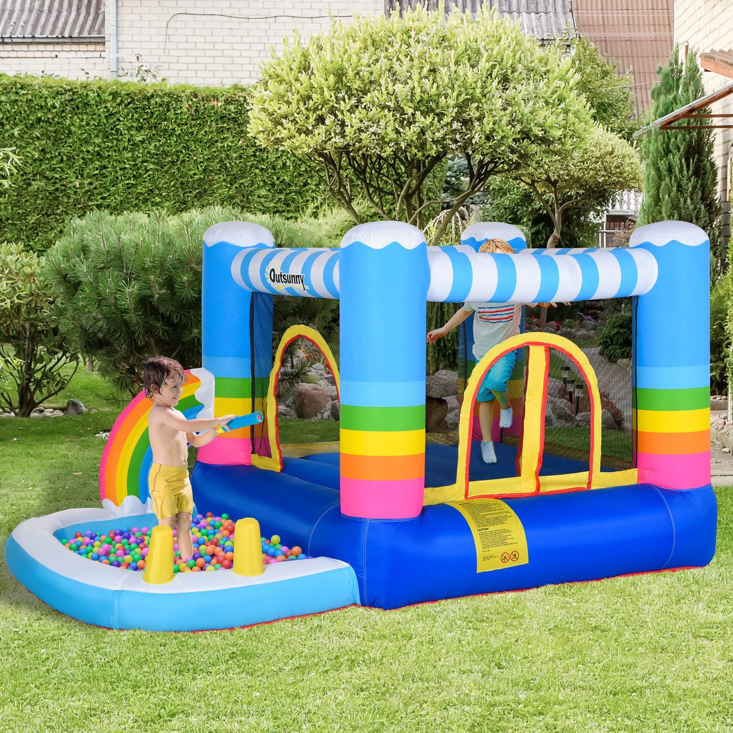 Outsunny Kids Bouncy Castle House Inflatable Trampoline Water Pool 2 In 1 With Blower For Kids Age 3-12 Rainbow Design 2.9 X 2 X 1.55M