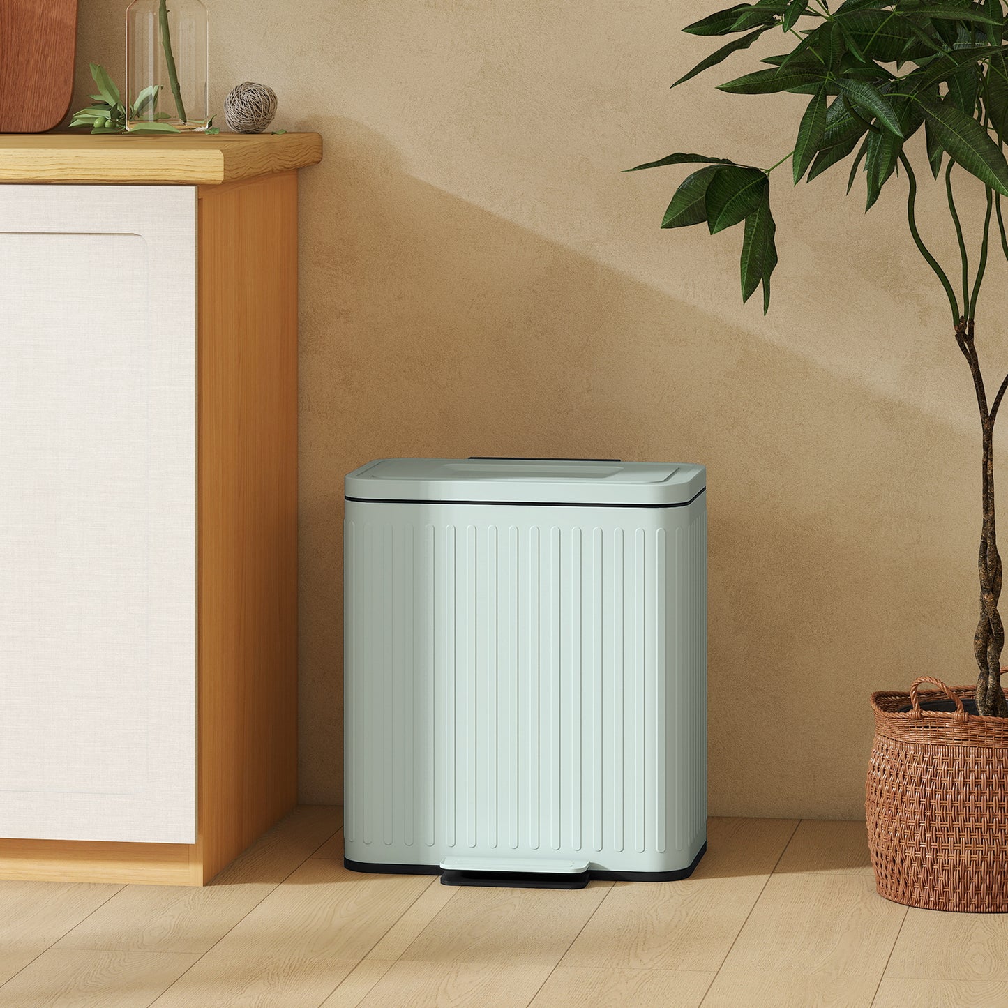 40L 2 x 20 Litre Dual Compartment Rubbish Bin, with Soft-Close Lid - Green
