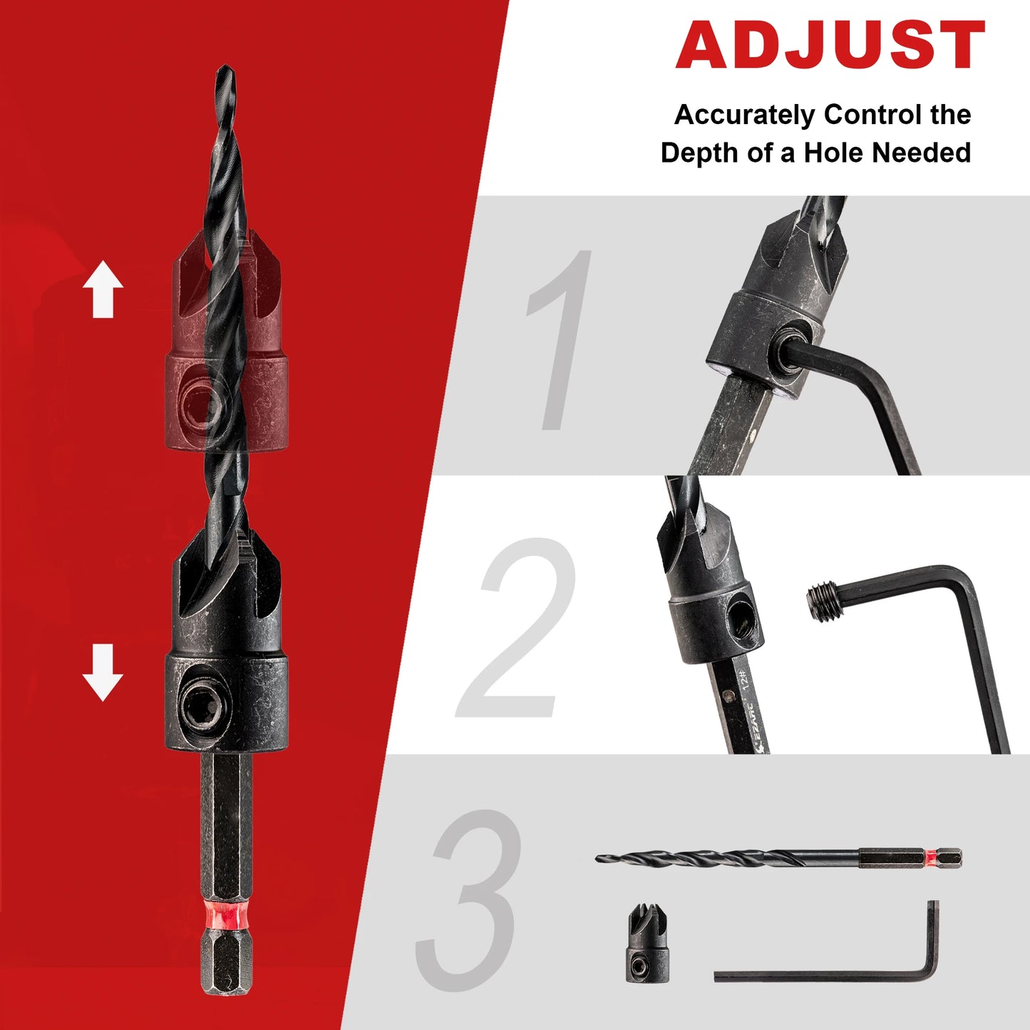 EZARC 5 Piece Countersink Drill Bit Set, 1/4" Hex Shank Quick Change Tapered Drill Bits Counter Sinker Woodworking Pilot Screw Hole