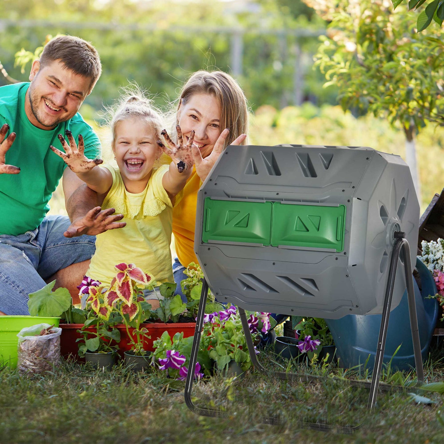 160L Tumbling Compost Bin Outdoor Dual Chamber 360° Rotating Composter, Garden Compost Bin w/Sliding Doors & Solid Steel Frame, Grey
