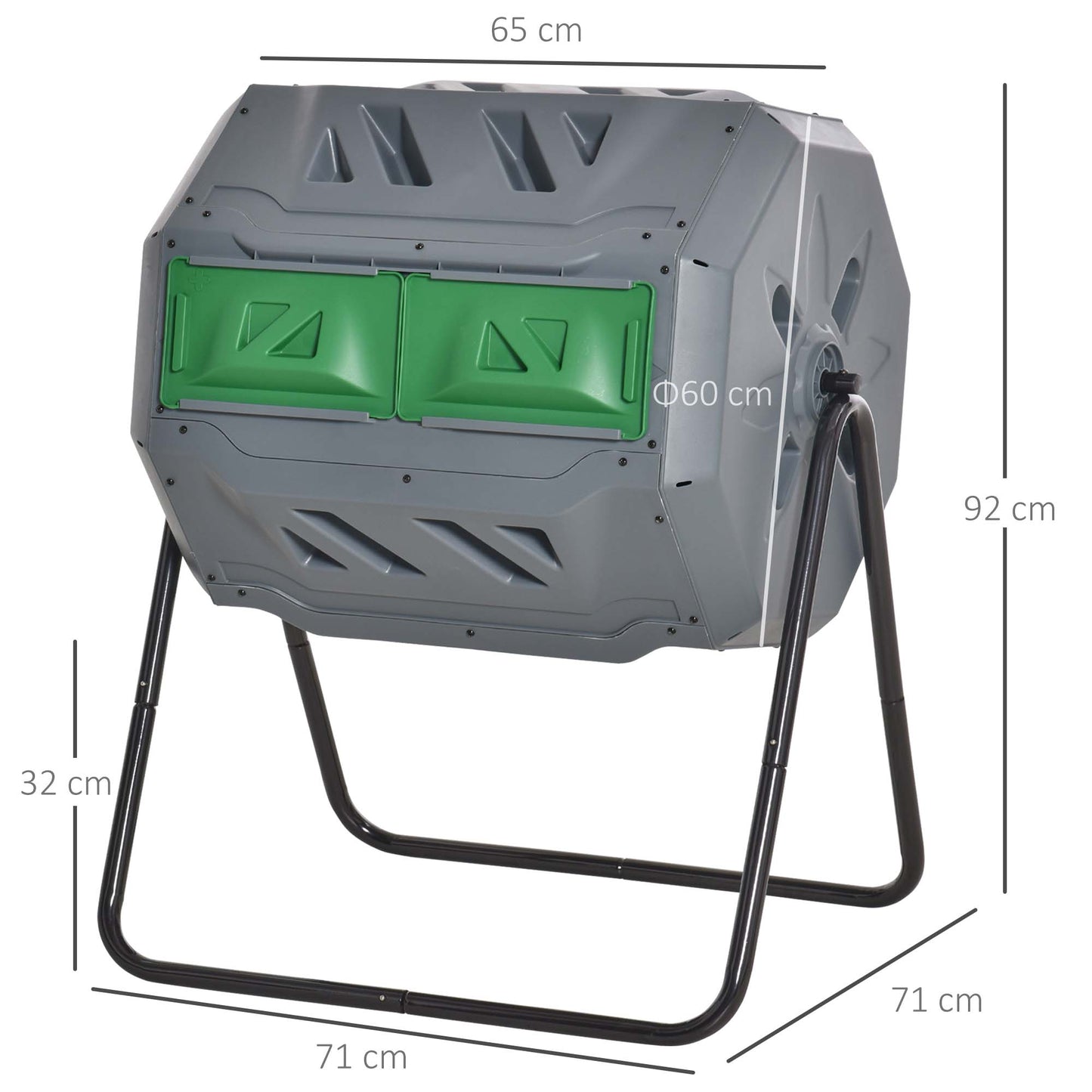 160L Tumbling Compost Bin Outdoor Dual Chamber 360° Rotating Composter, Garden Compost Bin w/Sliding Doors & Solid Steel Frame, Grey