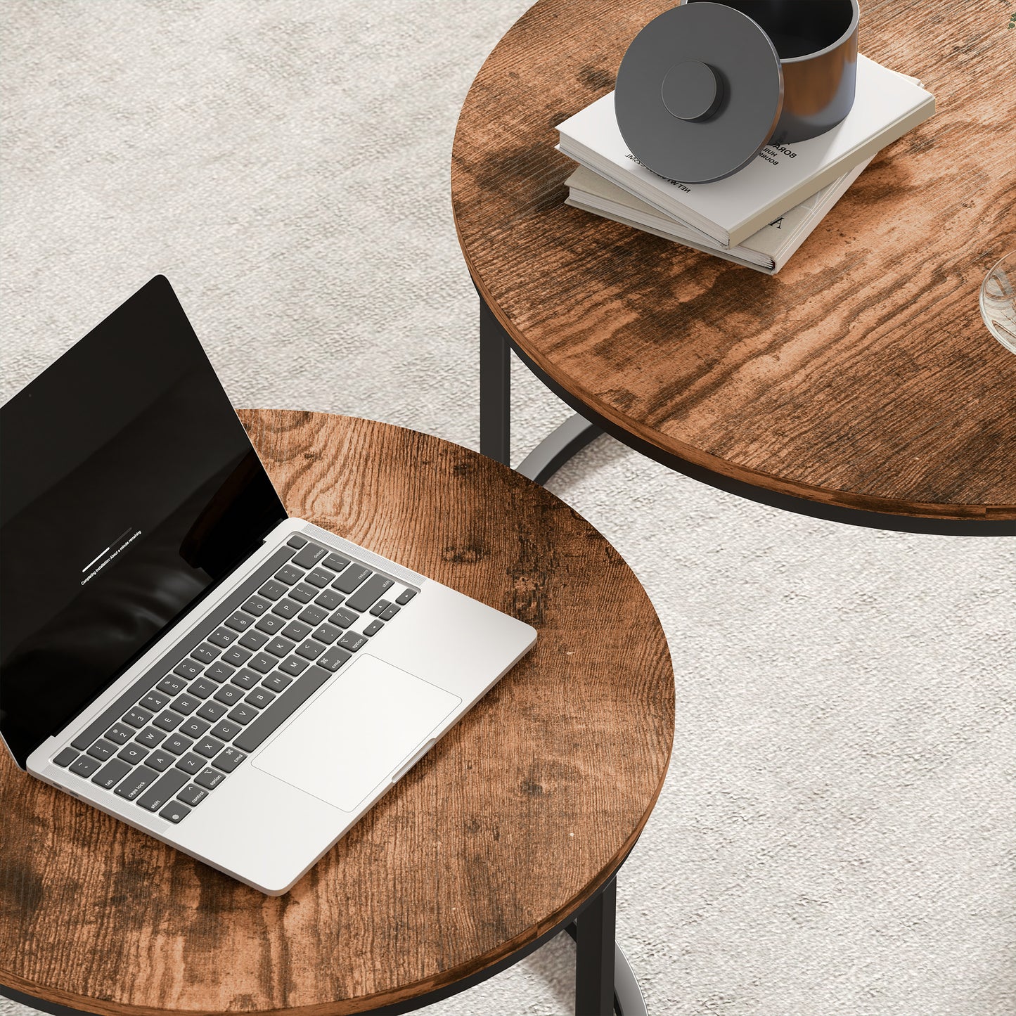 Coffee Table Set of 2, Round Nest of Tables with Metal Frame, Modern Side Tables for Living Room, Rustic Brown
