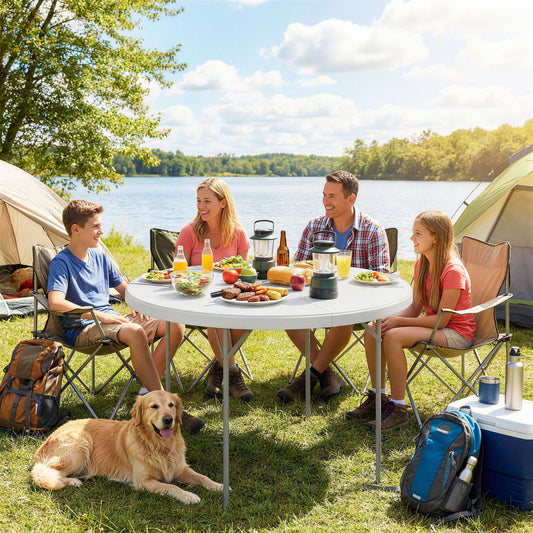 Folding Picnic Camping Table | 120x120cm | HDPE Top | Water Resistant | Powder Coated Frame | Anti-Slip Feet | 100kg | No Assembly | White