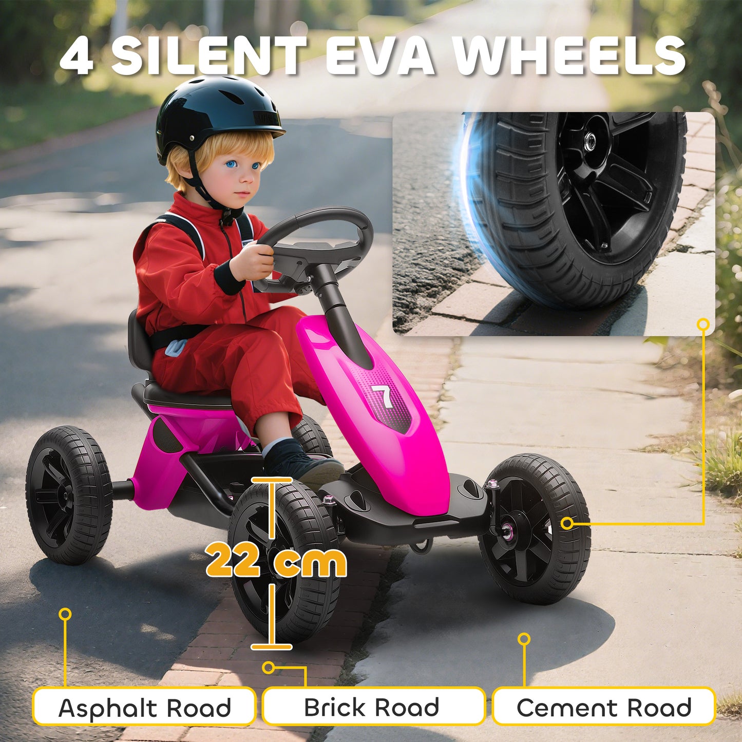 AIYAPLAY Pedal Go Kart for Kids 2-5 Years, with Silent EVA Wheels, Metal Frame, Pink / Blue / Yellow / Green