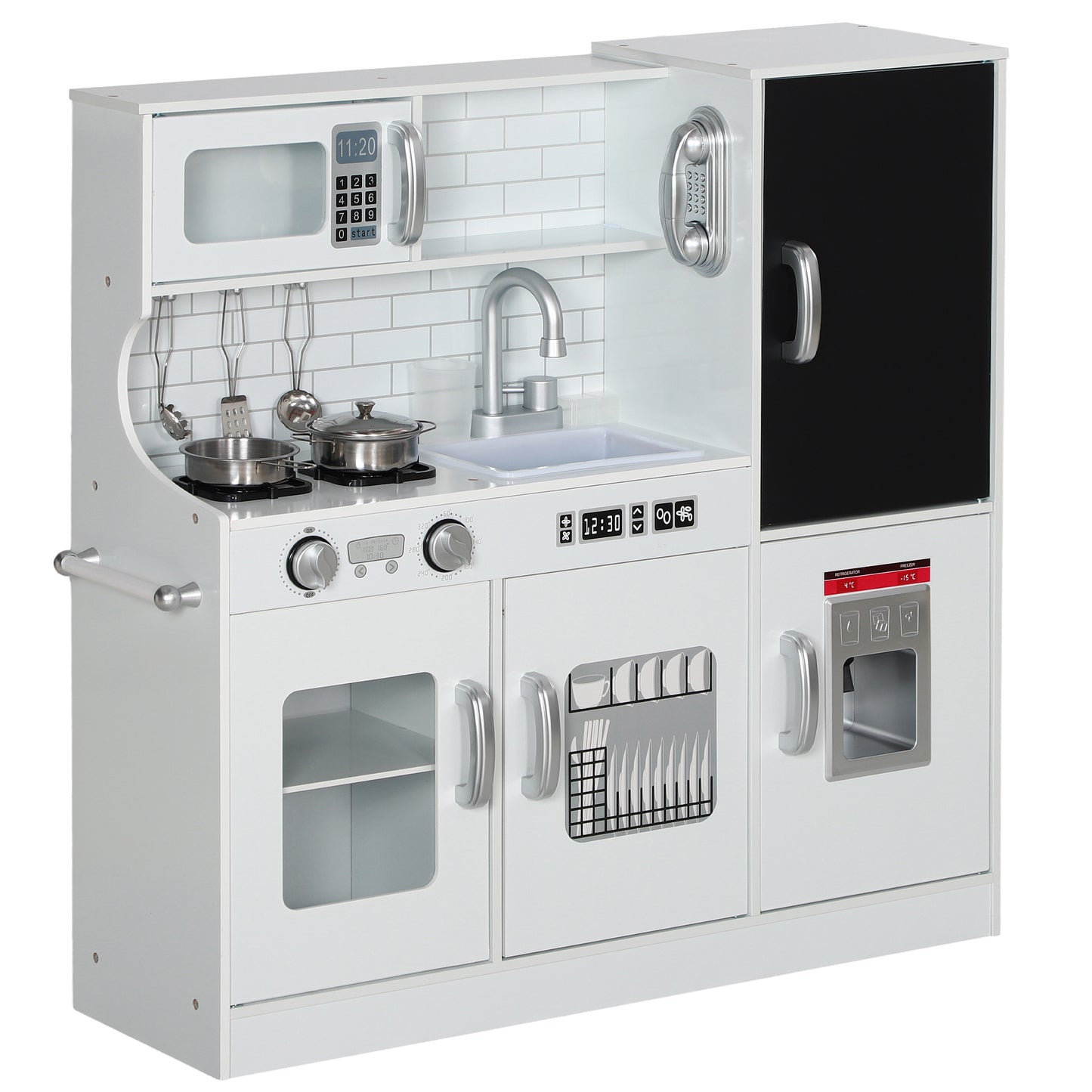 Pretend Play Kitchen, Kids Kitchen Playset, with Toy Phone, Chalkboard, Microwave, Cooking Stove, Sink, White