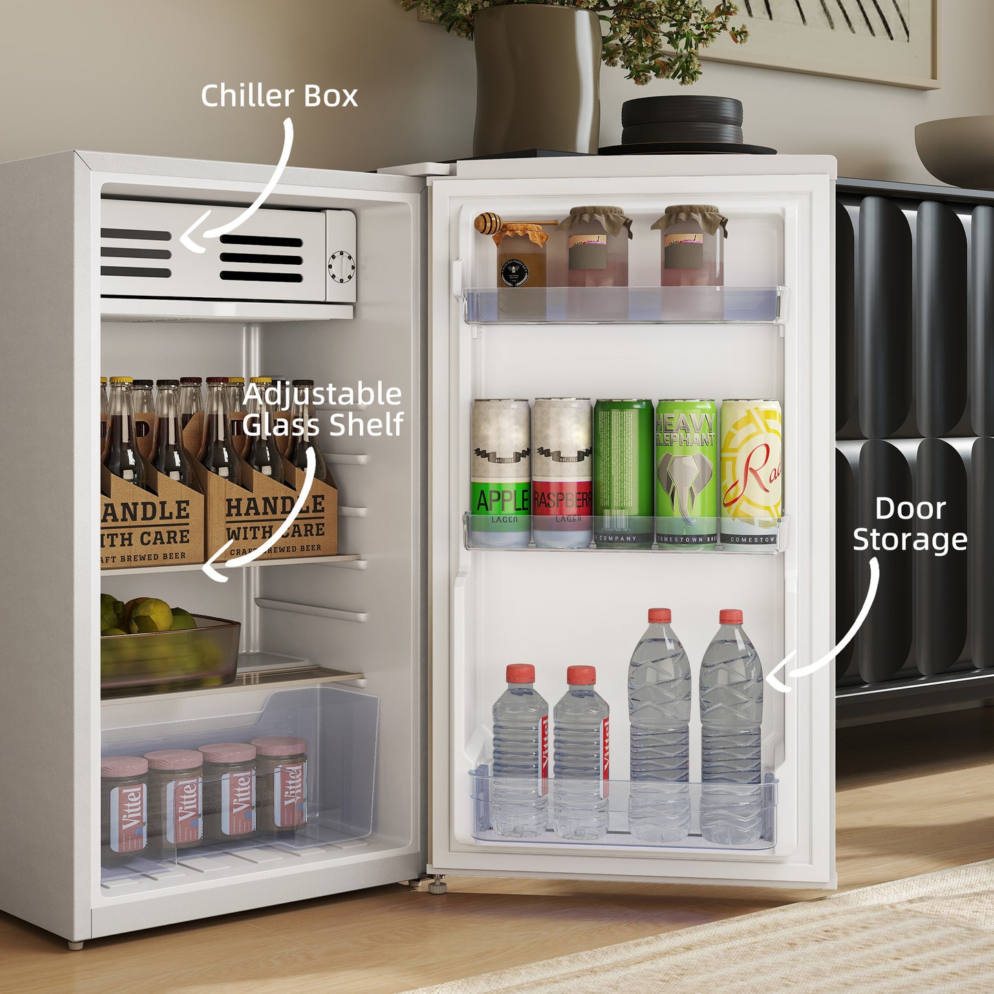 Under Counter Fridge, 85L Small Retro Vintage Style Refrigerator with Chiller Box, Adjustable Thermostat, Glass Shelves, White