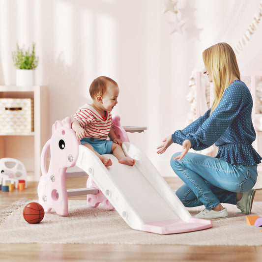 AIYAPLAY 3 in 1 Kids Slide with Climber, Basketball Hoop and Ball, Giraffe Shape Climber Slide for Indoor Kids Age 1-3, Pink