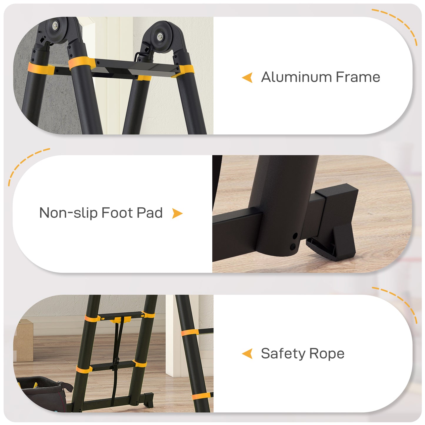 3.8M Duo Aluminium Ladder w/ Tool Holder Herringbone Deployed Extendable DIY w/ 12 Non-Slip Steps, Yellow
