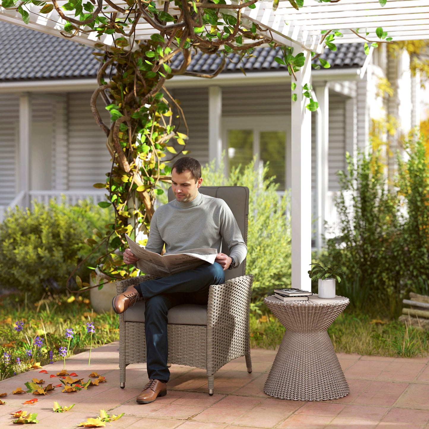 Rattan Garden Recliner Chair, Wicker Reclining Armchair with Adjustable Backrest and Cushion, Outdoor Lounge Sun Lounger with Armrests