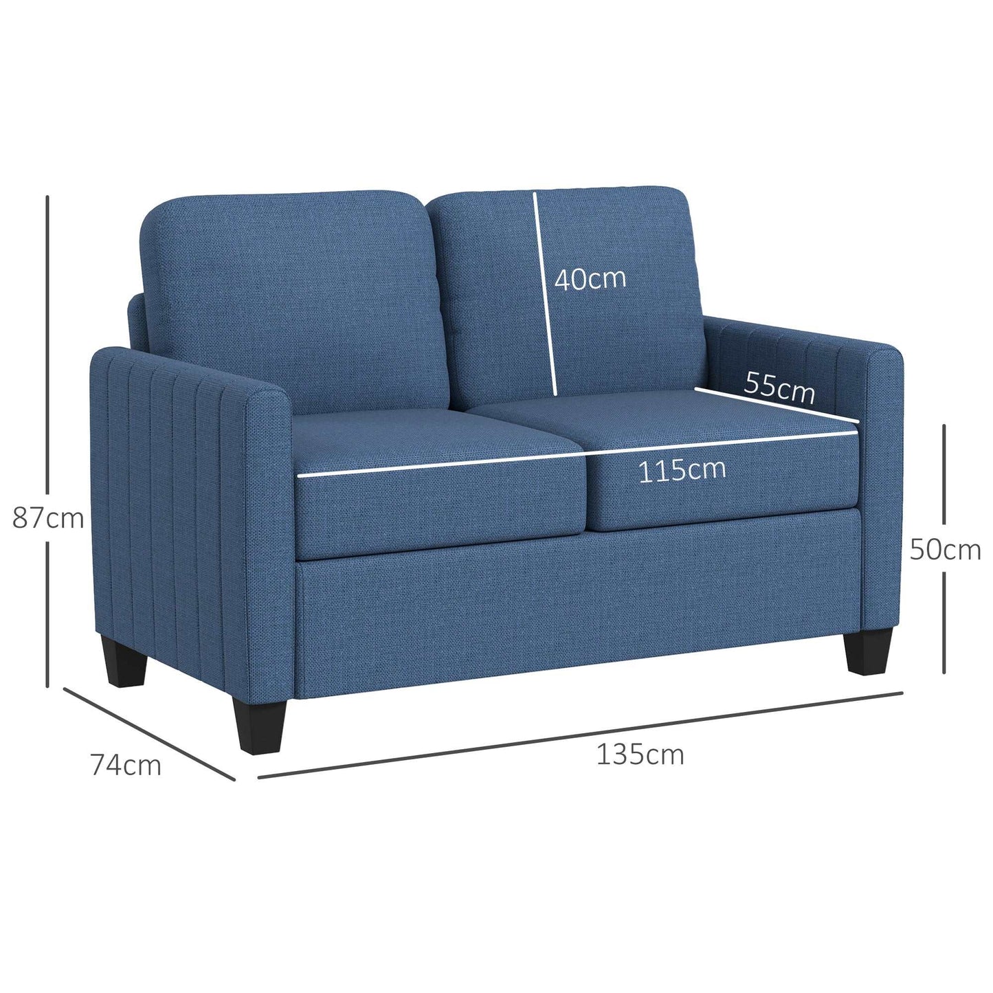 2 Seater Sofa, Channel Tufted Modern Fabric Couch, Comfy Upholstered Loveseat with Spring Cushion, Back Pillow, for Living Room - Blue