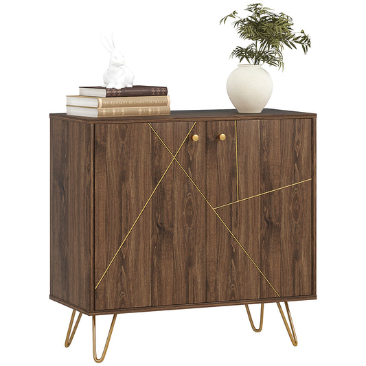Sideboard Storage Cabinet with Golden Steel Lines, modern rustic Kitchen Buffet Cabinet W/ Adjustable Shelf Steel Legs Brown