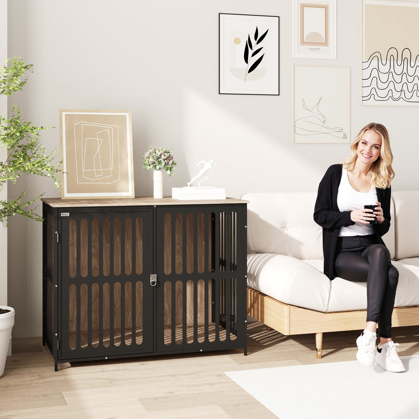 PawHut Dog Crate Furniture with Anti-Chew Resistant Mesh, Anti-Escape Single Door, for Large Dogs, 100 x 60 x 81.5 cm