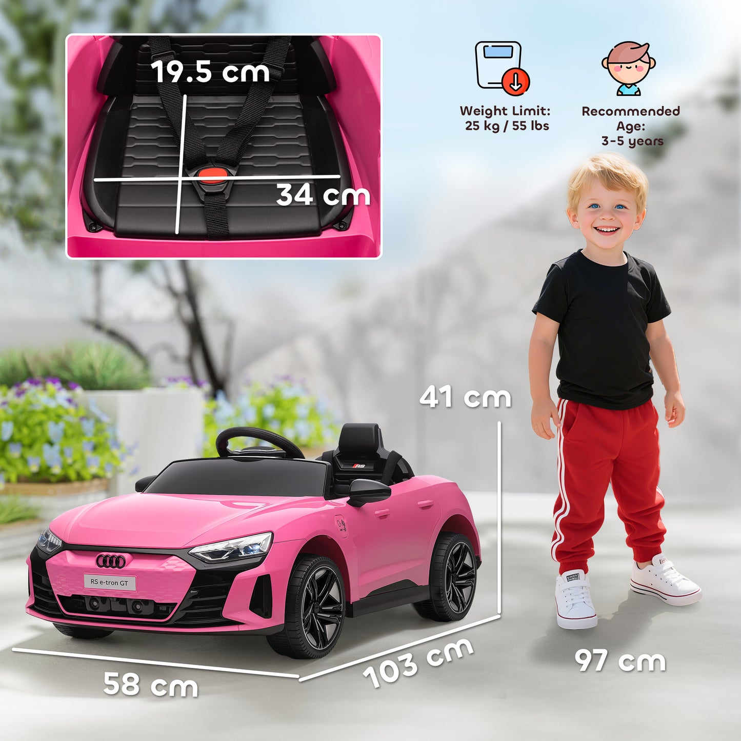 Audi RS E-Tron GT Licensed 12V Kids Electric Ride-On Car, with Remote Control, Suspension System, Lights, Music, Motor - Pink