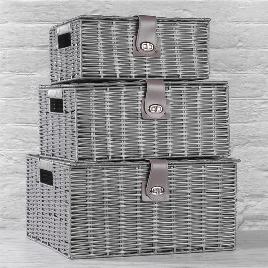 Maison & White Resin Woven Storage Baskets | Set of 3 Grey Lidded Boxes | Small, Medium & Large | Side Handles & Twist Clasps