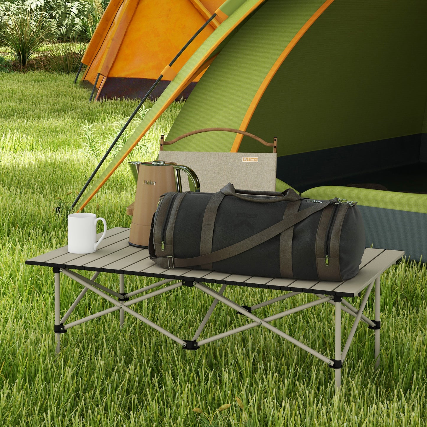 Outsunny Portable Aluminium Picnic Camping Table, Lightweight Folding, Carry Bag For Outdoor Camping, Picnic, Hiking, Cooking, BBQ, Fishing, Khaki