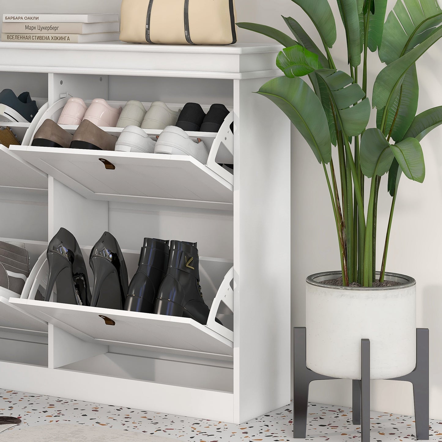 Slim Shoe Cabinet | 4 Drop-Down Doors | 16-20 Pairs | Adjustable Shelves | Anti-Tip | White | 105x24cm